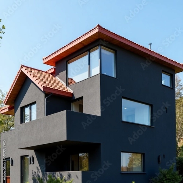 Obraz Contemporary Home Facade Featuring Bay Windows and Gray Architectural Shingles