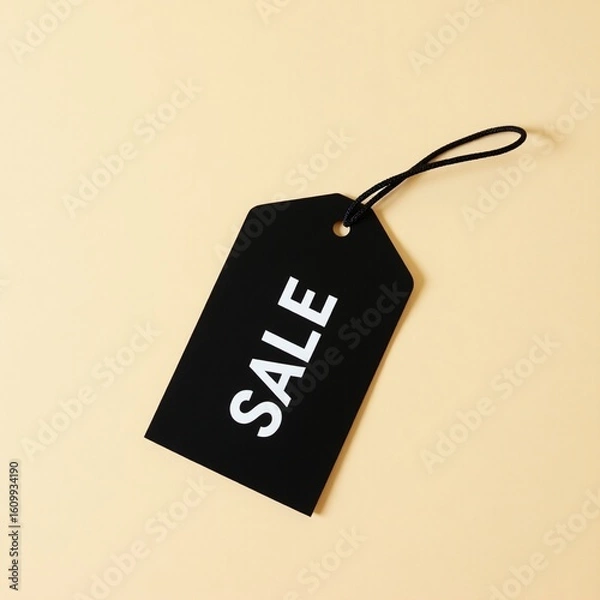 Obraz Black Price Tag with White SALE Text on Light Beige Background with String Attachment