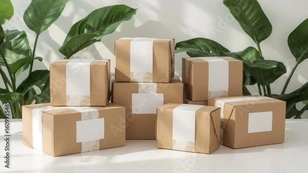Obraz Cardboard Packages with Blank Labels Stacked on White Table Against Green Foliage Background