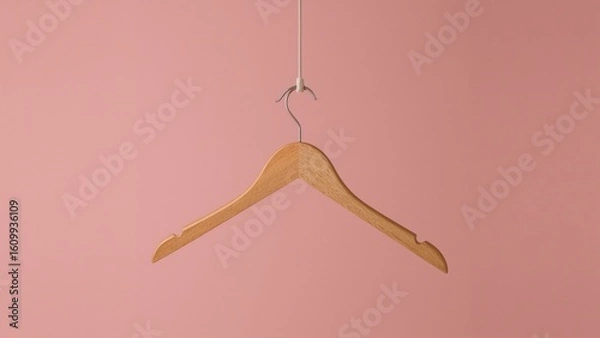 Obraz Natural Wood Coat Hanger with Metallic Hook on Muted Pink Backdrop
