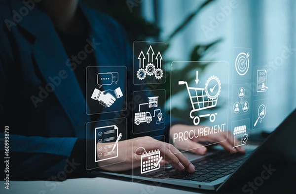 Fototapeta Procurement management concept. Procurement icons related to logistics, supply chain planning, and inventory management. procurement in ensuring efficient business operations. Service delivery process