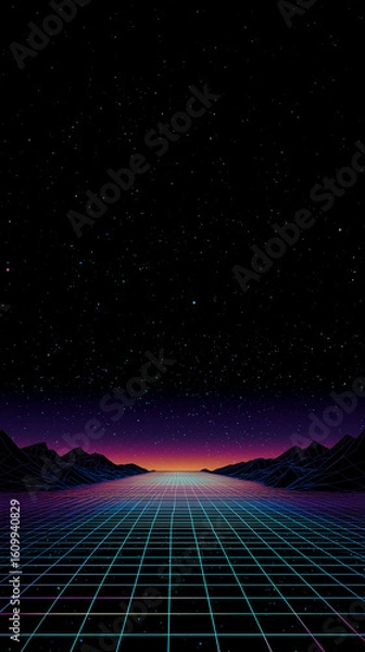 Fototapeta Retro Sci-Fi Landscape with Starry Sky and Wireframe Grid