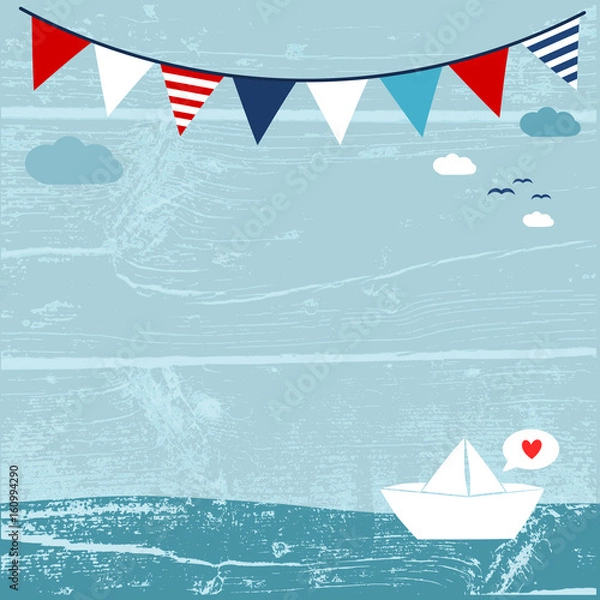 Obraz Paper boat in the sea with party flags , summer background, vector illustration