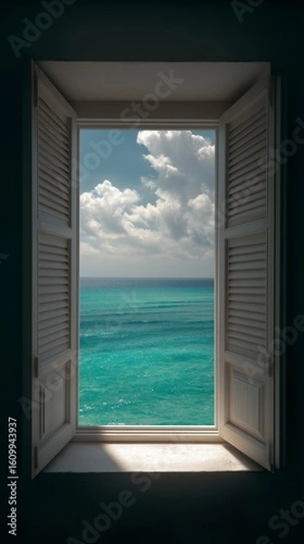 Fototapeta A dark room with open white shutters overlooking the sea. Ocean view from the window.