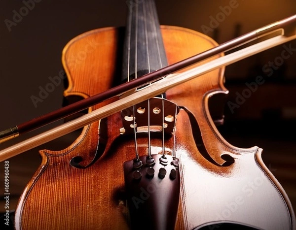 Fototapeta violin with bow resting on its strings