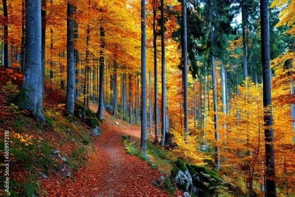 Obraz Autumn forest path winding through vibrant trees