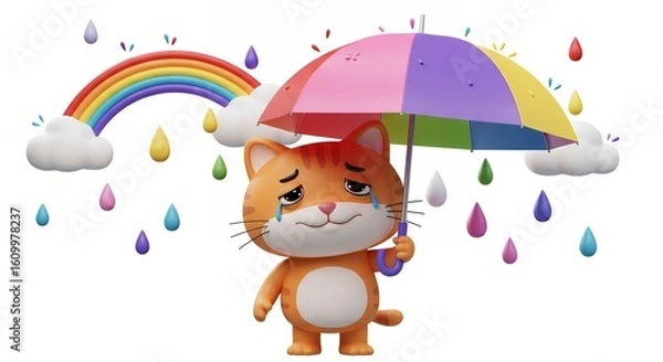 Fototapeta Sad cartoon cat with umbrella under rainbow and rain