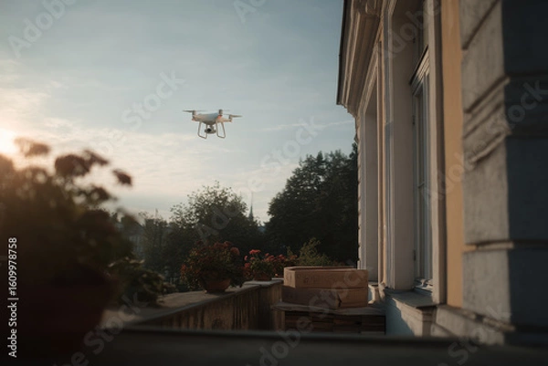 Fototapeta drone delivering pizza gracefully lands on balcony in sunny courtyard creating moment of excitement