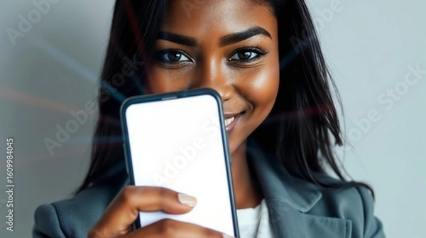 Fototapeta Smiling Businesswomen Showing Blank Smartphone Screen for App or Advertisement Mockup