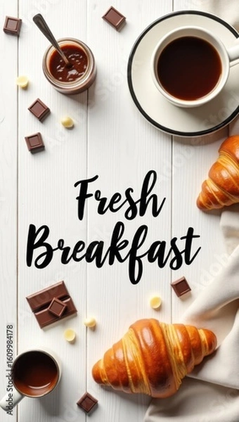Fototapeta Morning Indulgence: A ‘Fresh Breakfast’ Flat-Lay with Steaming Coffee, Buttery Croissants & Decadent Chocolate
