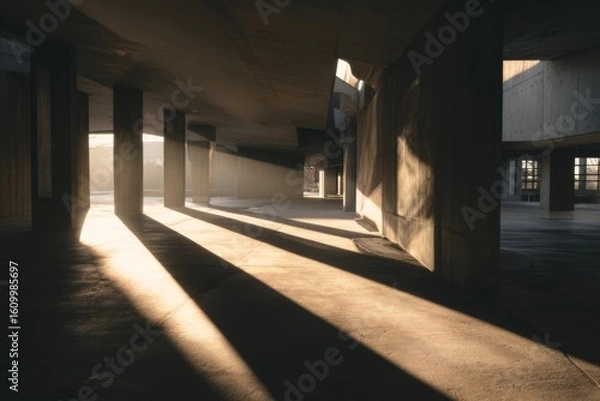 Fototapeta Sunrise casting long shadows through open minimalist corridor.
