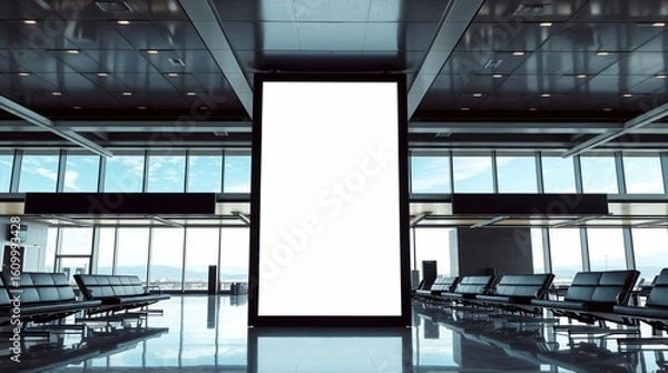 Fototapeta Empty Airport Terminal with Large Vertical Blank Billboard Display and Rows of Waiting Seats