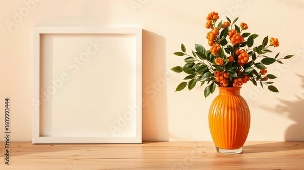 Fototapeta Frame and Vase Mockup in Warm Interior 
