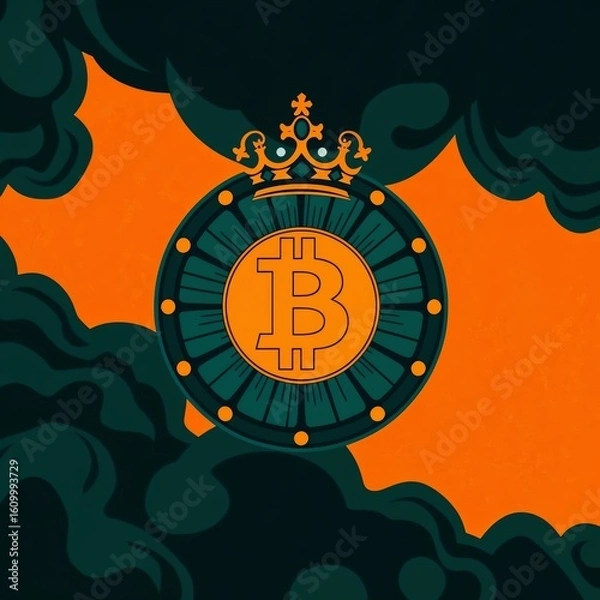 Fototapeta Bitcoin symbol with golden crown in mystical dark clouds and glowing rays