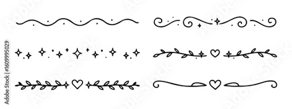 Fototapeta Hand Drawn Decorative Divider Lines with Hearts, Leaves, Swirls and Sparkles