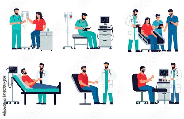 Fototapeta Various Medical Interactions in a Modern Clinic. Illustration of Comprehensive Healthcare. illustrated medical scenes depicting consultations, diagnoses, and clinical treatments in a modern, professio