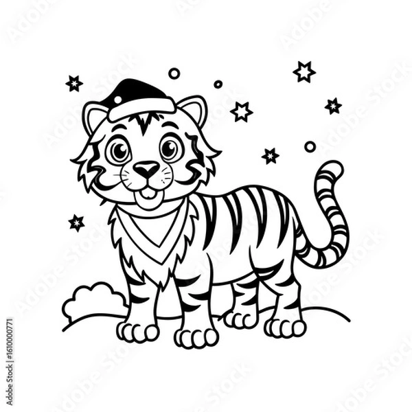 Fototapeta A cute cartoon tiger wearing a Santa hat and scarf, standing in a snowy scene with stars, designed for coloring.