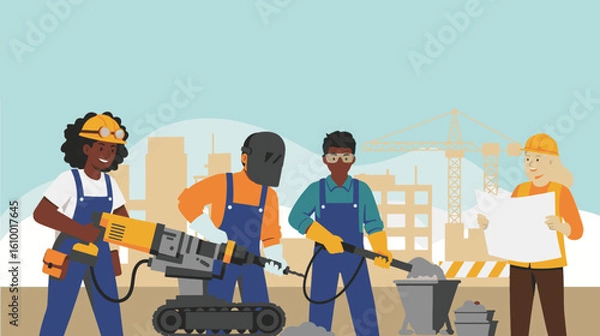 Fototapeta Flat vector illustration showing teamwork, industrial development, and safety equipment in a modern urban construction environment.