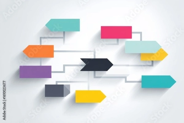 Fototapeta Flowchart with arrows connecting multiple steps on a light background.