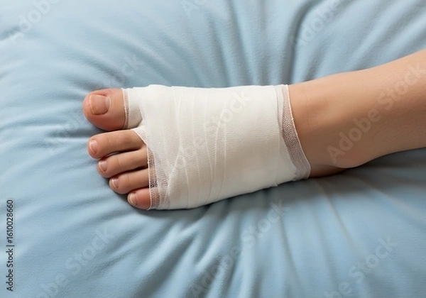 Fototapeta Bandaged foot resting on soft pillow