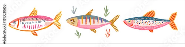 Fototapeta Sardines . Amalfi.  Colorful vector illustration of three sardines in hand-drawn style, isolated on transparent background. Great for seafood, packaging, Mediterranean, and culinary design projects.

