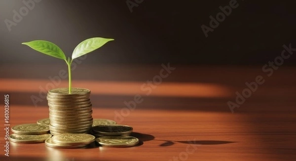 Fototapeta Financial Growth Concept Young Sprout Growing from Stack of Coins Investments Saving Economy Banking Success Future