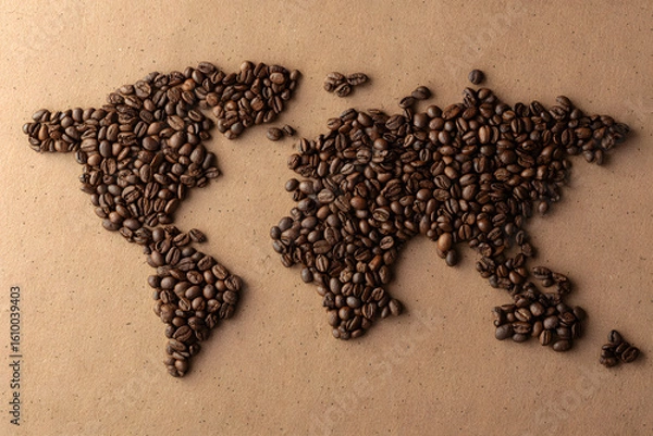 Fototapeta World Map Formed From Coffee Beans on Beige Background. Depicts Concepts of Global Trade, Coffee Production, and International Coffee Day.