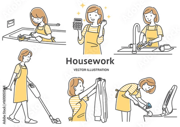 Obraz 家事をする若い女性のイラストセット素材