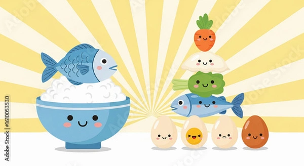 Fototapeta World Food Day Celebration with Cute and Happy Healthy Foods Illustration
