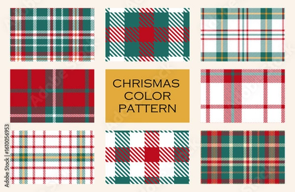 Obraz クリスマスカラーのチェック柄シームレスパターンセット　8種類