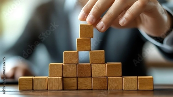 Fototapeta A hand placing the final piece on a pyramid of wooden blocks symbolizing time management and success