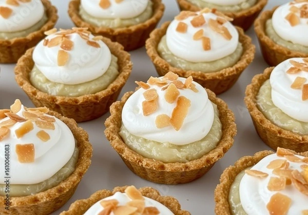 Fototapeta Delicious Mini Custard Tarts with Cream and Toasted Almonds in a Golden Crust