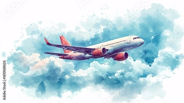 Fototapeta Watercolor illustration of an airplane soaring through a cloudy sky.