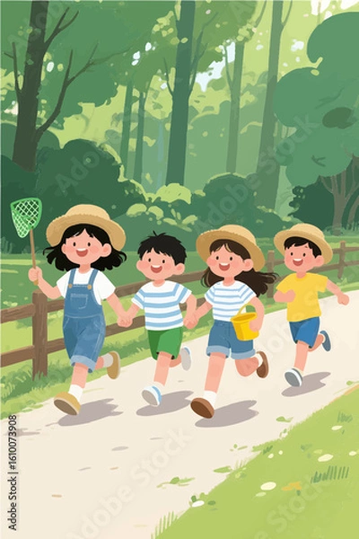 Obraz 
Summer in search of insects! Illustration of outings and leisure activities Having fun in the forest, experiencing the forest with friends