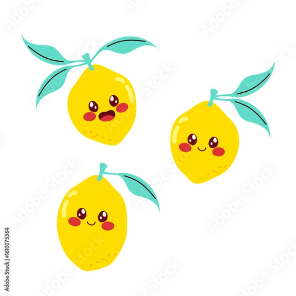Fototapeta Collection of cartoon lemons featuring a variety of facial expressions, shapes, and leaf arrangements vector illustration. Drawing elements for stickers, packaging and kid products
