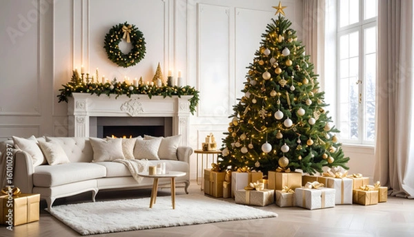 Fototapeta Elegant Christmas Living Room with Gold and White Tree.
