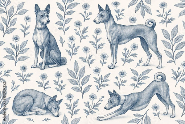 Fototapeta Seamless pattern of basenji dog hand drawn in vintage etching style with floral elements and leaves for wallpaper or fabric design