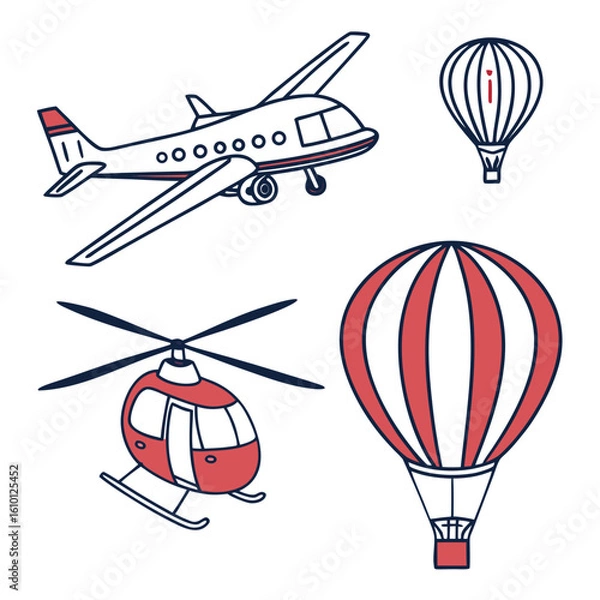 Fototapeta Airplane helicopter hot air balloons travel transport