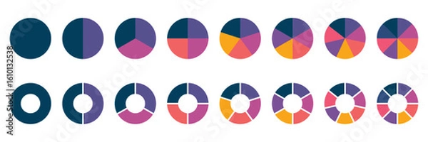 Fototapeta Set of colorful pie charts. Colorful pie charts with varying segments. Circle section graph. Pie chart set. Pie charts diagrams. Different color circles. donut and pie chart infographic elements set.