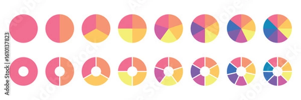Fototapeta Set of colorful pie charts. Colorful pie charts with varying segments. Circle section graph. Pie chart set. Pie charts diagrams. Different color circles. donut and pie chart infographic elements set.