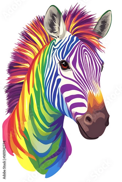 Fototapeta Colorful zebra with vibrant rainbow mane against a white background, showcasing artistic creativity