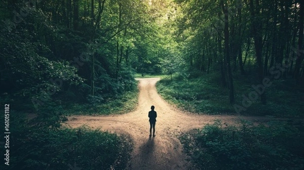 Fototapeta A person standing at a crossroads in a forest deciding which path to take symbolizing life change and uncertainty