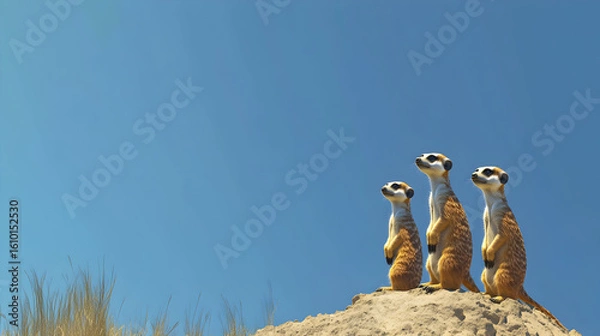 Fototapeta Meerkats Guarding Territory Three vigilant meerkats standing tall on a sunlit sand dune against a clear blue sky, observing the surroundings in a desert environment perfect for wildlife or family