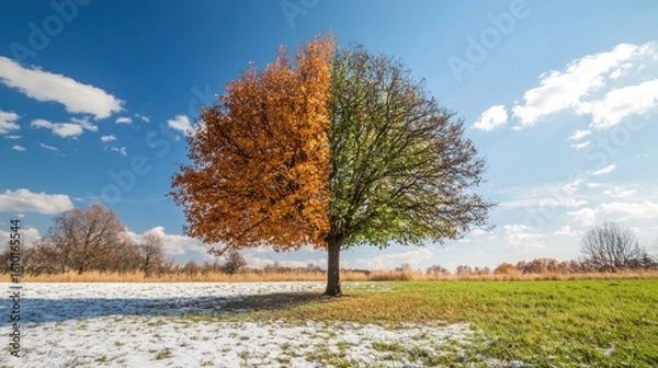 Fototapeta A time-lapse concept showing the transition of seasons with the same tree in winter spring summer and fall reflecting change