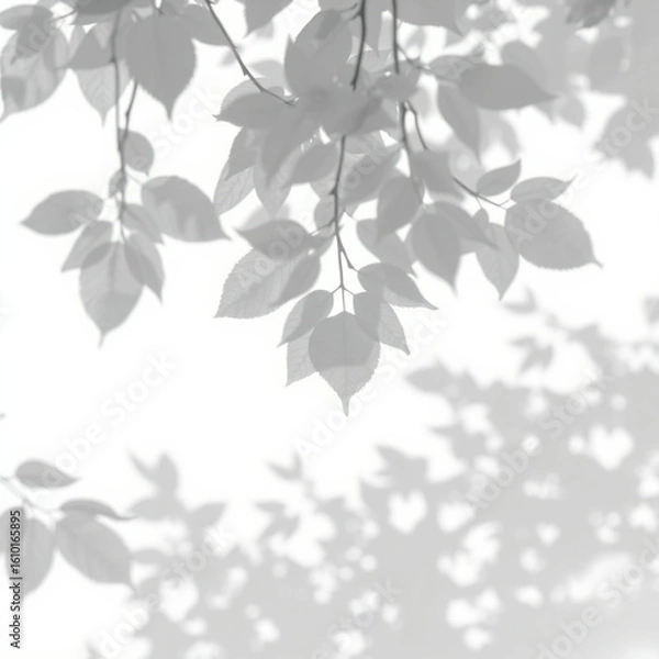 Obraz shadow overlay effect. Gray shadow of leaves isolated on white background. Plant foliage leaf shadow light effect. Mockup Blurred tree branch shadow. Ideal for summer spring design elements PNG