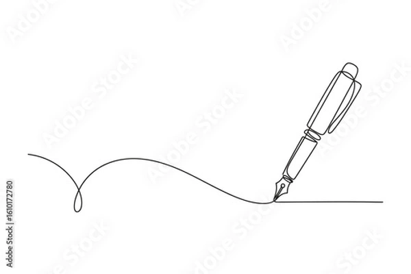 Fototapeta Fountain pen one line art drawing vector, creative writing tool illustration with editable stroke