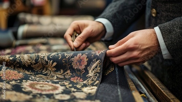 Fototapeta A tailor measures elastic fabric carefully as they prepare to sew a custom waistband for a pair of stylish trousers in a boutique studio