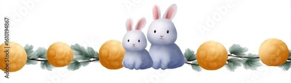 Fototapeta Easter Bunny and egg design decoration art. The design features two adorable bunny with some eggs in line with green leaf