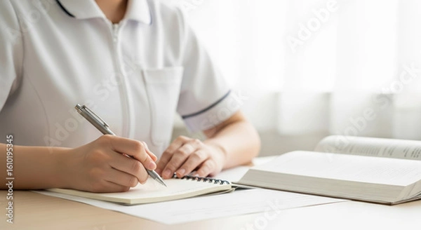 Obraz 勉強をするアジア人看護師の手元