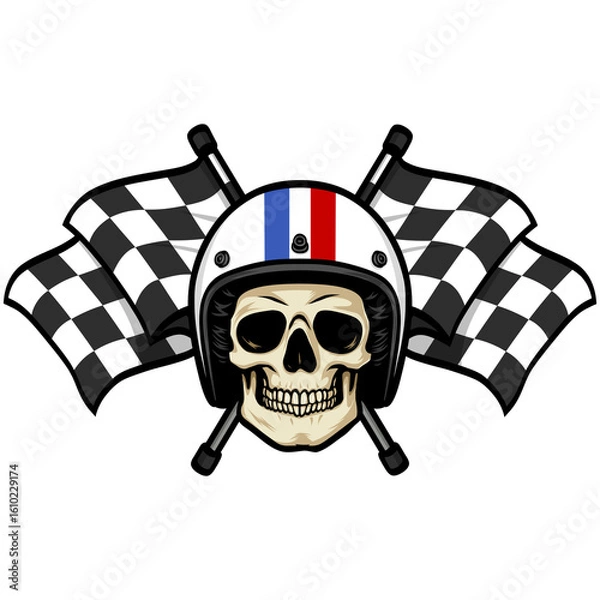 Fototapeta Skull Wearing Helmet Crossed Flags Vintage Retro Style Racing Illustration